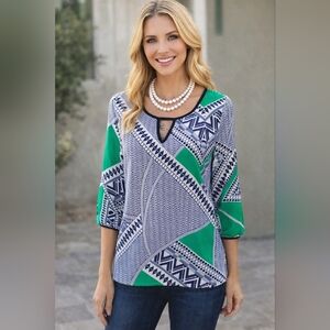 Pink Owl Green & Blue Patterned 3/4 Sleeve Blouse sz M